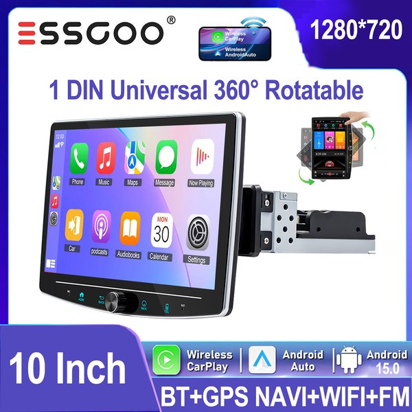 ESSGOO Universal Autoradio 1 DIN Android 15 64G Drehbarer 360° Touchscreen 10 Zoll Drahtlos Apple CarPlay Android Auto GPS Navigation WIFI Lenkradfernbedienung Bluetooth Radio FM RDS Spiegel Link 7