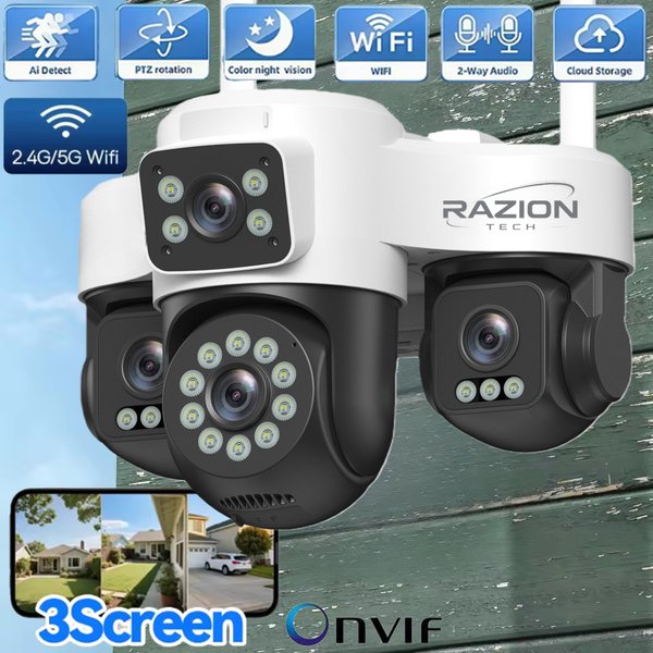 Drei-Linsen-PTZ-IP-Kamera für den Außenbereich, HD, drei Bildschirme, 2.4G&5G WiFi Sicherheitskamera, automatische Verfolgung, drahtlose CCTV-Kamera RZ380, Onvif, Zwei-Wege-Audio, Farbnachtsicht, 10X