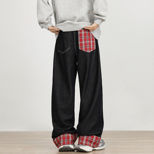 2026 Ropa Y2K Mode Rote Karierte Patchwork Baggy Jeans für Herren Designer-Kleidung Gerade Hip-Hop Luxus Lange Hosen