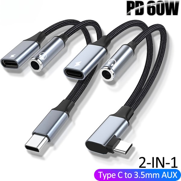 Adapter USB-C na 3,5 mm PD 60W z kablem audio 2 w 1 i gniazdem słuchawkowym do słuchawek Xiaomi Huawei