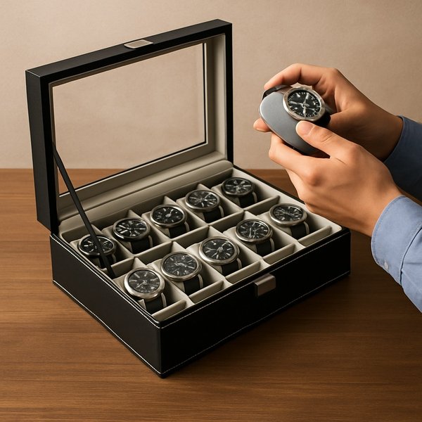 PU-Leder Aufbewahrungsbox mit Glasdeckel, Mehrere Fächer für Uhren und Schmuck, Herren-Accessoire-Etui