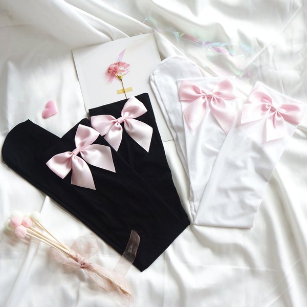 Soft Girl Velvet Pink Bow Handmade Stockings Sweet Lolita Thigh High Sheer Over Knee Hosiery Japanese Anime COS Accesories Socks