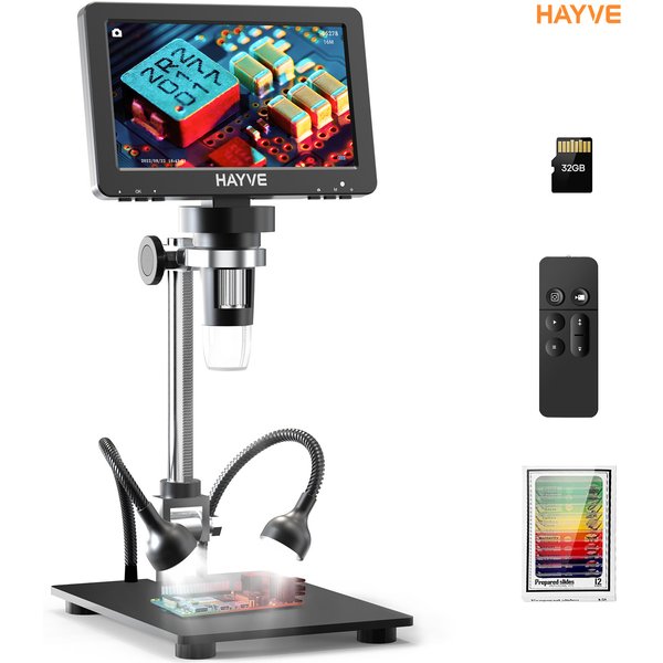 Hayve 7'' HDMI Digitalmikroskop 1200X Münzmikroskop mit IPS-Bildschirm 16MP Lötmikroskop mit Lichtern 32GB Karte (DM9H)