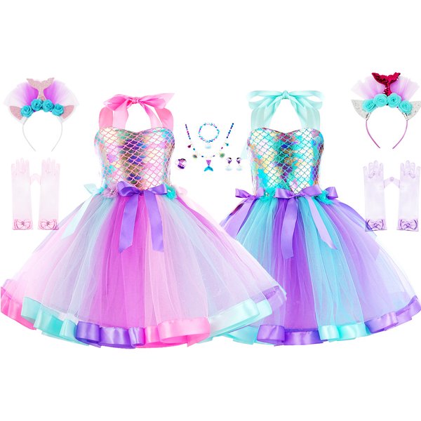 Girls Mermaid Tutu Dress Under the Sea Theme Birthday Party Halloween Cosplay Costumes with Flower Headband