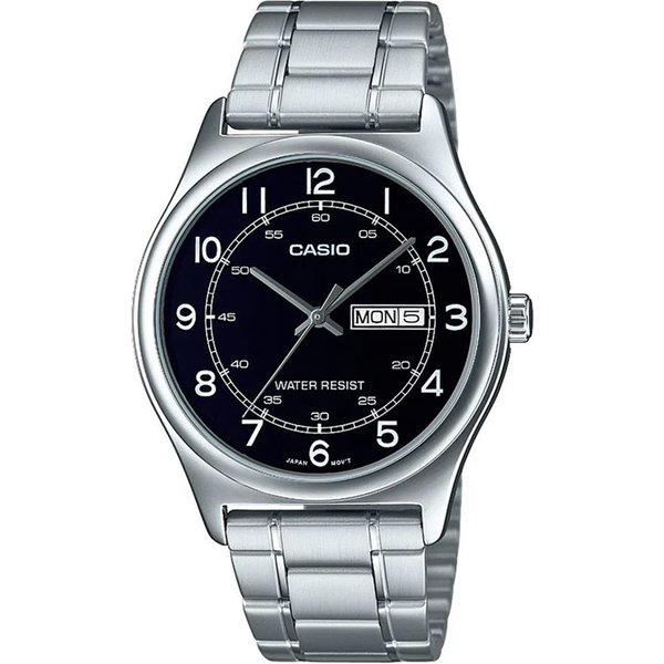CASIO MTP-V006D Herren Alltags- und Businessuhr, Schwarzes Zifferblatt, Tages-/Datumsanzeige, 30M Wasserdicht, Edelstahlarmband