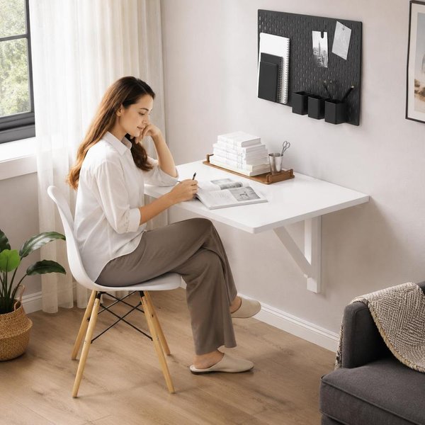 Table pliante murale peu encombrante et abordable 100x60cm, bureau à feuilles rabattables en bois robuste pour cuisine, salon, bureau à domicile, poste de travail compact avec hauteur réglable