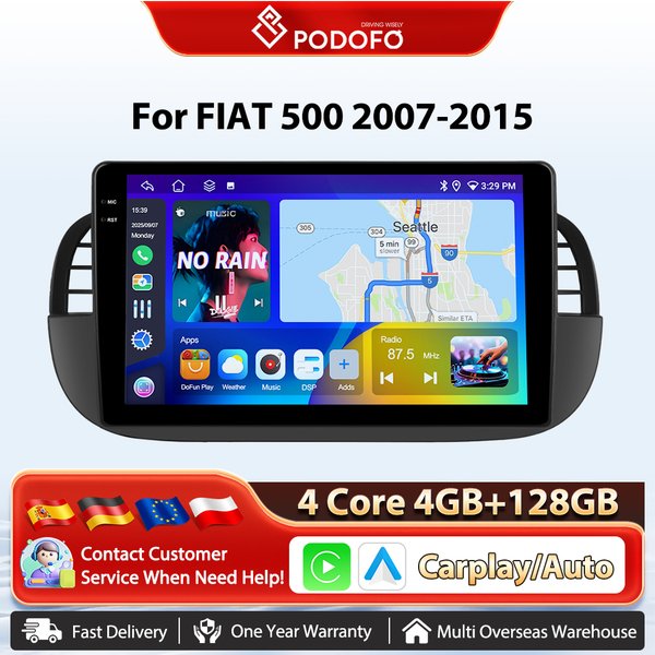 Autoradio Podofo 9 pouces sans fil Carplay Android Auto pour FIAT 500 2007-2015, navigation GPS, BT, FM/RDS, système intelligent 2din pour voiture, unité centrale Plug&Play, SWC, système multimédia