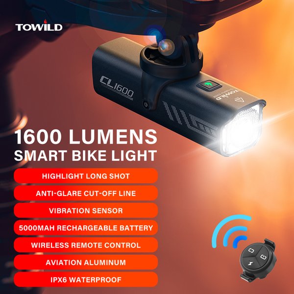 Światła rowerowe TOWILD CL1600, 5000mAh, ładowalna lampka rowerowa LED, IPX6, aluminiowa lampa przednia 1600LM, reflektor do rowerów górskich i szosowych.