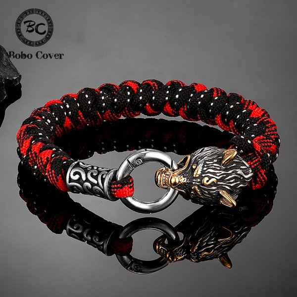Retro Norse Odin's Wolf Survival Bracelets Men Viking Geri&Freki Stainless Steel Paracord Rope Bangles Handmade Outdoor Jewelry