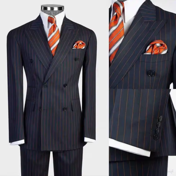 Costume 2 pièces bleu marine pour homme, à rayures, double boutonnage, blazer et pantalon, automne-hiver, formel, affaires, mariage, marié, sur mesure