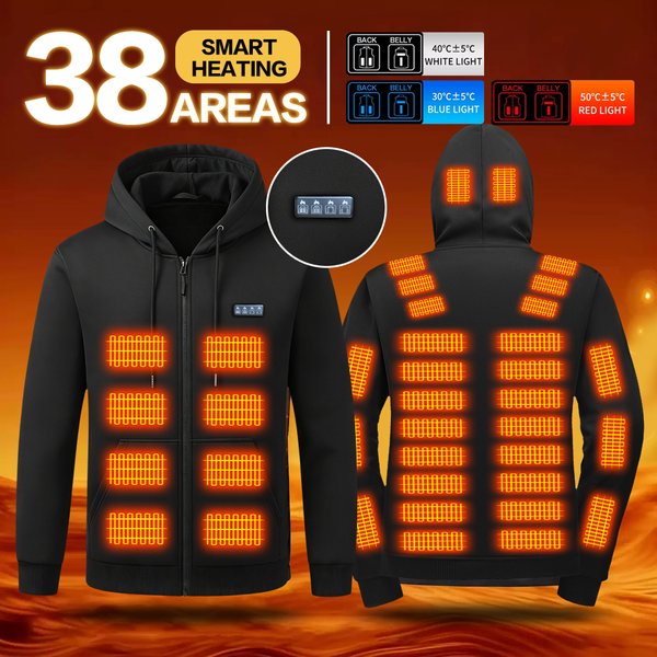Vestes chauffantes intelligentes pour hommes et femmes avec 38 zones de chauffage. N'inclut pas le bloc d'alimentation. Comprend une capuche (sans batterie externe)