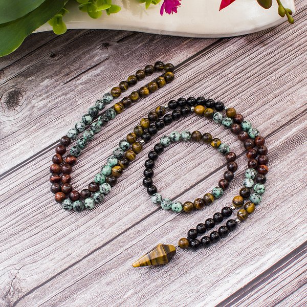Collier Mala de 108 perles en Onyx Noir et Turquoise Africaine de 8 mm, Ensemble Japamala pour Méditation, Yoga et Prière avec Pendentif Œil de Tigre