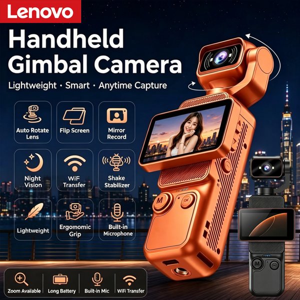 Caméra stabilisée sur cardan portable Lenovo 4K avec transfert Wi-Fi, stabilisation d'image et écran rotatif HD pour voyages et vlogs en extérieur