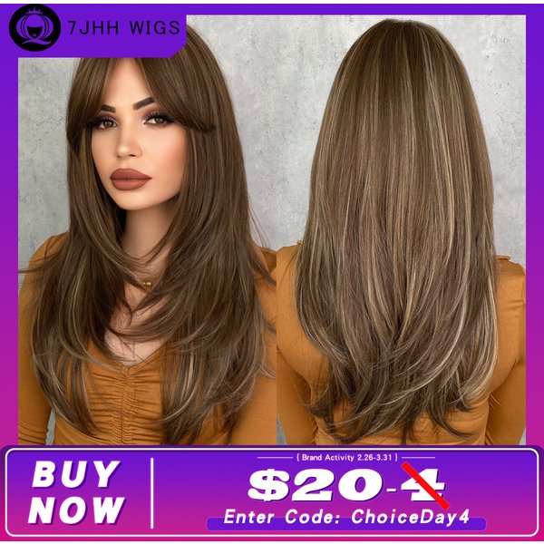 7JHH WIGS Honey Blonde Wig with Bangs Long Brown Wigs for Women,Layered Heat Resistant Synthetic Wigs for Daily Use