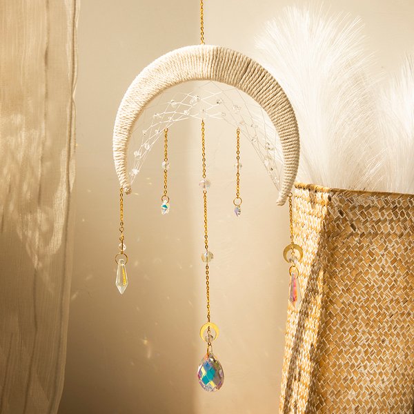 Attrape-soleil en forme de lune suspendu en cristal, attrape-rêves en macramé, prisme en cristal, attrape-soleil, fenêtre arc-en-ciel, décoration de jardin et de maison