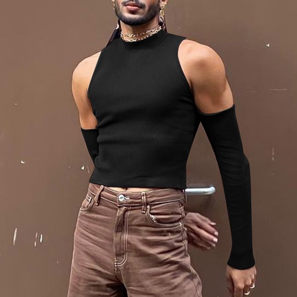 Neue Chic Männer Aushöhlen Langarm T Shirt Casual Rollkragen Sweatshirt Streetwear Sexy Crop Off Schulter Tops Sommer