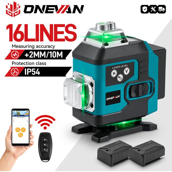 ONEVAN 16-Linien-Lasernivelliergerät Grüne Linie 360° Horizontal Vertikal Selbstnivellierend Superstarkes Lasernivelliergerät Mit Li-Ionen-Akku