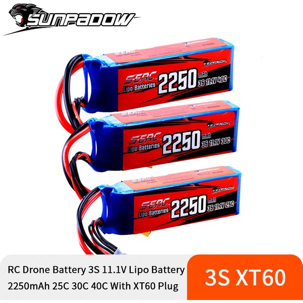 Sunpadow 3S wiederaufladbarer Lipo-Akku 2250 mAh 11,1 V 25 C 40 C 60 C mit XT60-Stecker für RC Drone Flugzeug Quadcopter Hubschrauber FPV