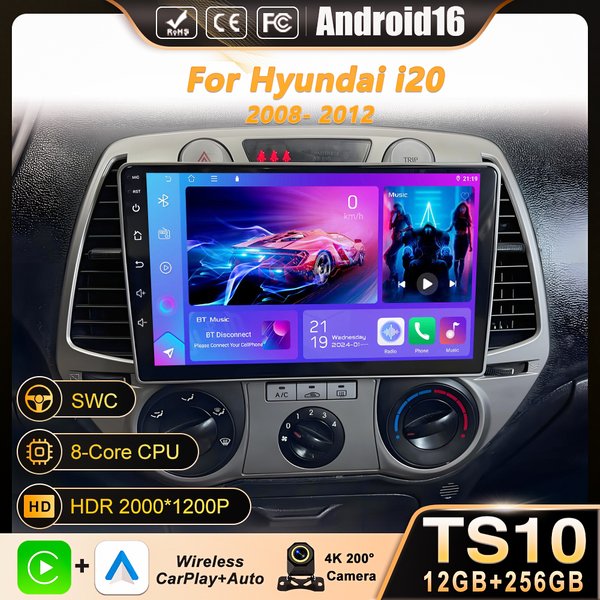 Android 16 Carplay pour Hyundai i20 2008 2009 2010 2011 2012 autoradio stéréo lecteur vidéo multimédia DSP GPS 4G WIFI QLED écran