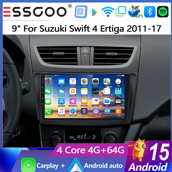 ESSGOO 9 Zoll 4+64G Android 15 Kabelloses Carplay Android Auto für Suzuki Swift IV 4 2011-2017 Autoradio GPS Navigation Bluetooth FM SWC Wifi RDS ASP IPS Touchscreen Mirror Link Multimedia Videoplayer