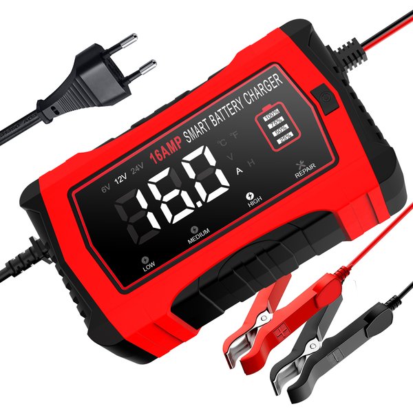 Intelligentes 6V 12V 24V Batterieladegerät und -wartegerät|12V 16A /24V10A /6V 5A Automatisches Reparaturladegerät für LiFePO4-Lithium-, Blei-Säure-, AGM-, GEL-Batterien, für Auto, Wohnmobil, SUV,