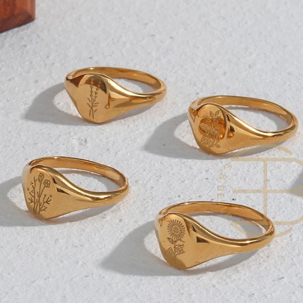 Handgefertigte, anlaufgeschützte Edelstahlringe mit 18 Karat vergoldeter Gravur, Wildblumen-Teeblatt, Lavendel, Sonnenblumen-Siegelringe für Frauen