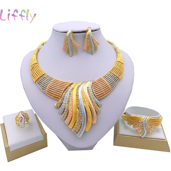 African Dubai 24k Gold Plated Choker Necklace Jewelry Set for Women Bridal Wedding Crystal Bracelet Earrings Jewellery