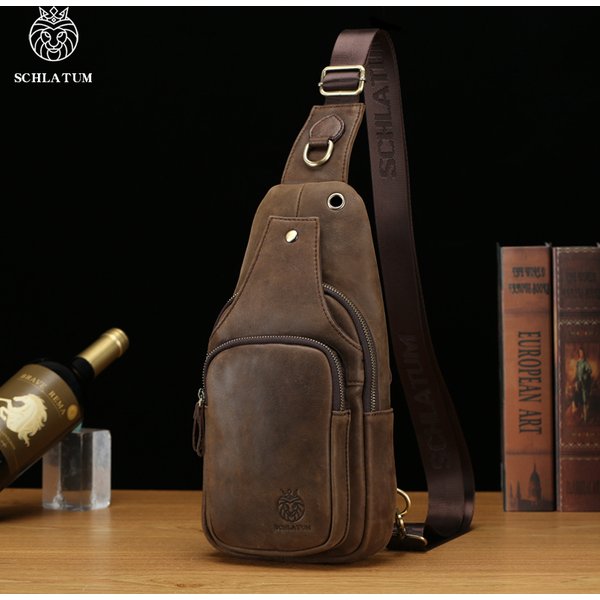 SCHLATUM Brusttasche aus 100 % echtem Leder, lässig, dreieckig, Umhängetasche, Design, Reise-Schulterrucksack, Herren-Leder, multifunktionale Tasche