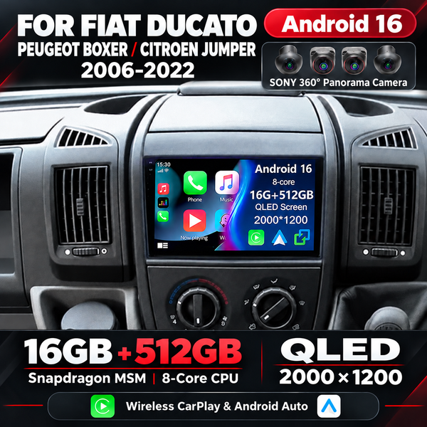 Autoradio Android 16 Qualcomm pour Fiat Ducato, Peugeot Boxer, Citroën Jumper 2006-2022, 2K QLED, CarPlay sans fil, Android Auto, 4G, BT