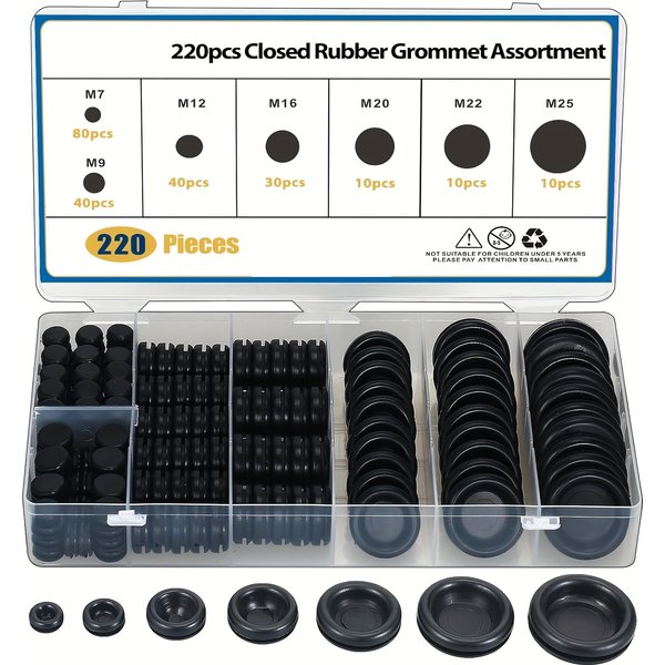 220-teiliges Set aus hohlen Gummi-Ösen für Brandschutzwand-Öffnungen, Gummi-Ösen-Set M7, 9, 12, 16, 20, 22, 25