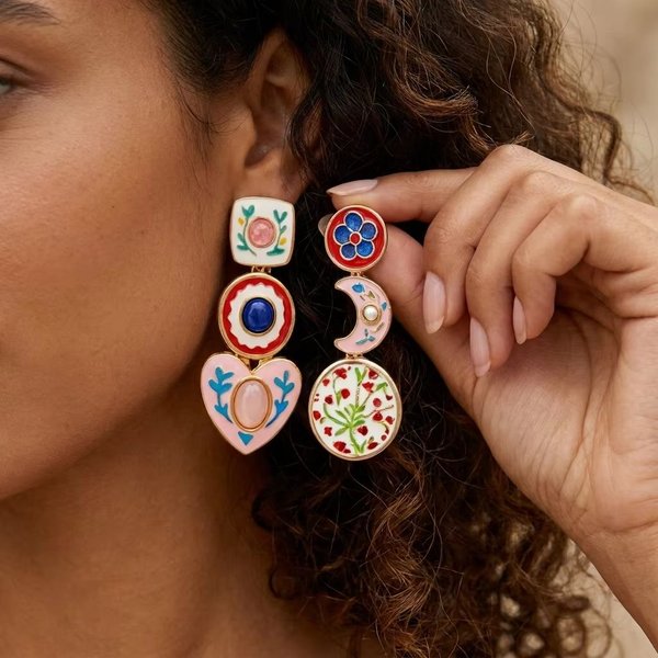 Übertriebene Bunte Herz-Mond Asymmetrische Hängeohrringe für Frauen Y2k Design Mond Geometrische Emaille Tropfenohrringe Schmuck