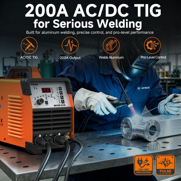 HITBOX 220V 200A HBT250P AC/DC TIG Schweißgerät Tragbarer Digitaler IGBT Inverter Aluminium-Schweißmaschine 6-in-1 Stick MMA ARC HF Puls TIG Schweißgerät 2T/4T AC Balance für Edelstahl Kupfer