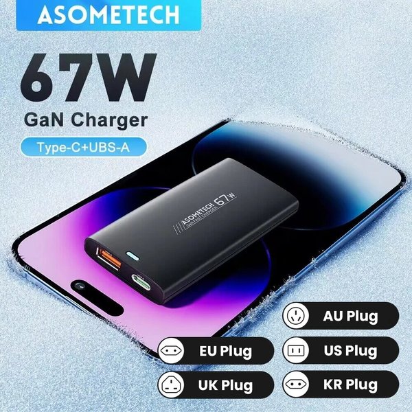 ASOMETATEBOU- Chargeur GaN Ultra Mince de 67W, Charge Rapide QC3.0 PD PPS, Mini USB Type-C, pour Macbook, Ordinateur Portable, iPhone 14, iPad, Samsung