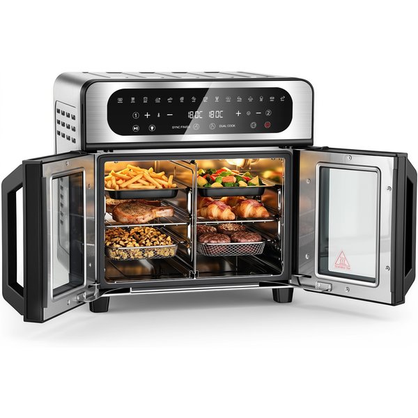 Mini-Konvektionsofen 23L Doppelzonen-Ofen 2500W 30-210 ℃ Heißluftofen mit Doppeltüren, Heißluftfritteuse mit 480-Minuten-Timer, Touch-Steuerung, 15 voreingestellten Arbeitsmodi, ölfrei