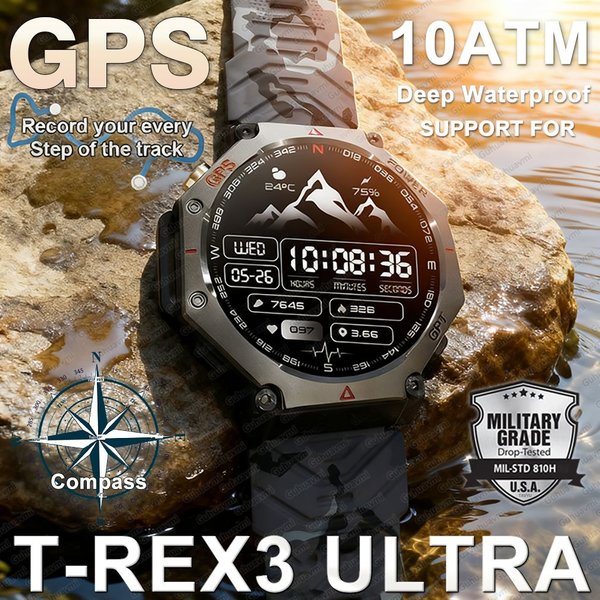 Smartwatch T-Rex 3 Ultra o stopniu militarnym z GPS, wodoszczelny do 10 ATM, kompas, wysokościomierz, barometr, ekran AMOLED, połączenia HD, smartwatch sportowy dla mężczyzn