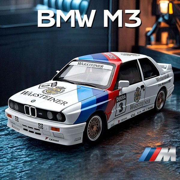 1:24 M3 E30 1987 – model samochodu wykonany z metalu, z dźwiękowymi i świetlnymi efektami, działający na zasadzie mechanizmu „odciągnij i puść”, zabawka dla dzieci, przedmiot kolekcjonerski, idealny