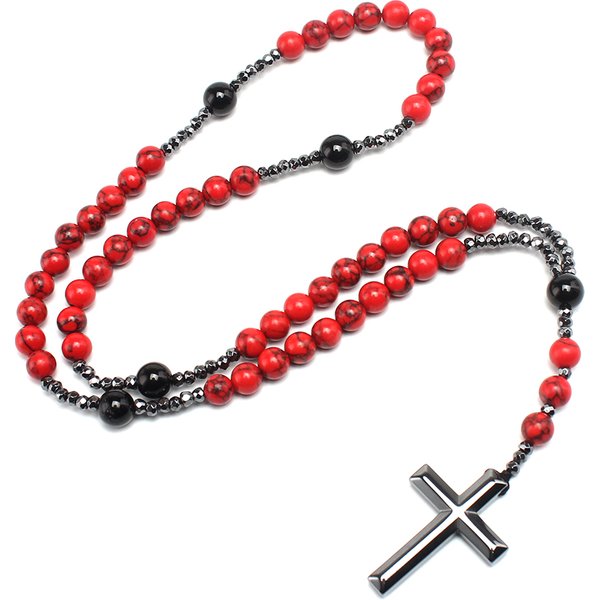 Chapelet en pierre naturelle rouge avec pendentif en forme de croix, bijoux faits à la main pour hommes et femmes