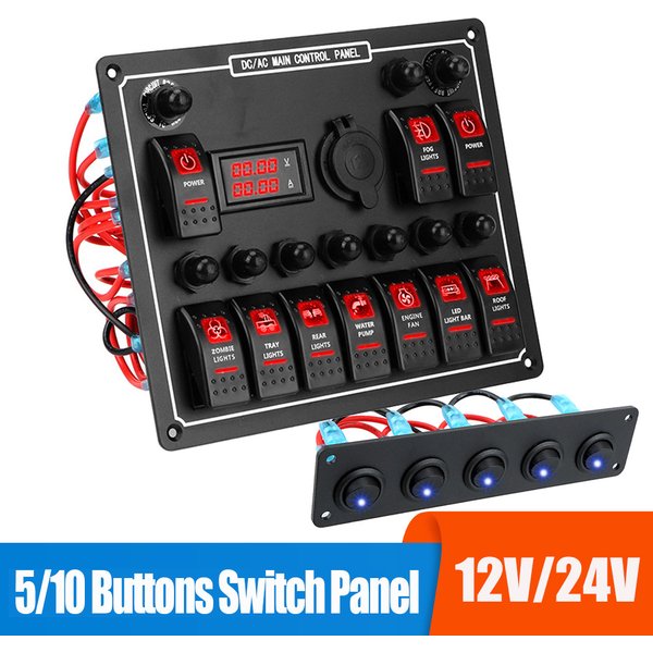 Panneau de commutation 24V 12V, 5/ 10 boutons, lumière LED, disjoncteur à bascule, Test de fusible de voiture, accessoires pour bateau, caravane, camion, remorque