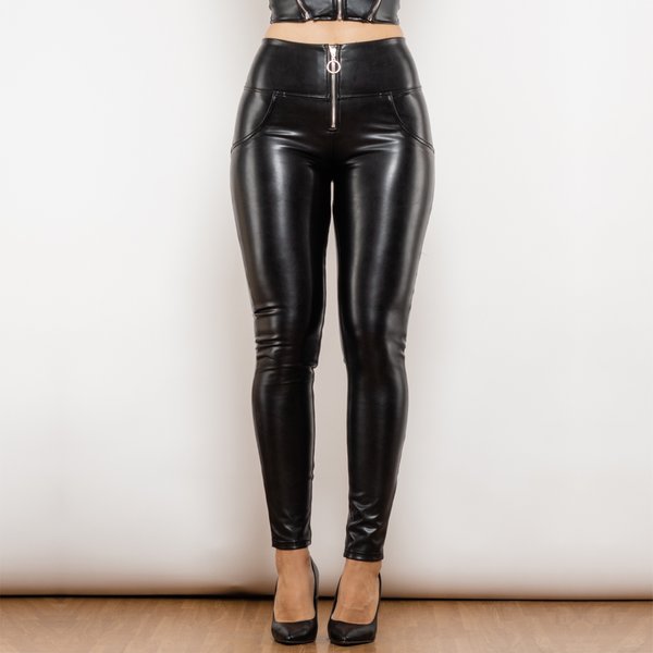 Shascullfites Melody Hohe Taille, glänzend, schwarz, Ring, Reißverschluss, PU-Lederhose, elastische Push-Up-Leder-Leggings, Po-Lift-Hose