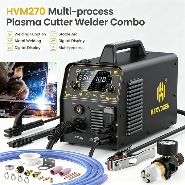 HZXVOGEN HVM270 Multiprozess-Schweißgerät Plasmaschneiden 220V 6-in-1 Aluminium-Schweißmaschine Stick MMA ARC Gaslos/Gas MIG HF TIG Punkt-Plasmaschneider Schweißgerät-Kombi für Edelstahl Blech