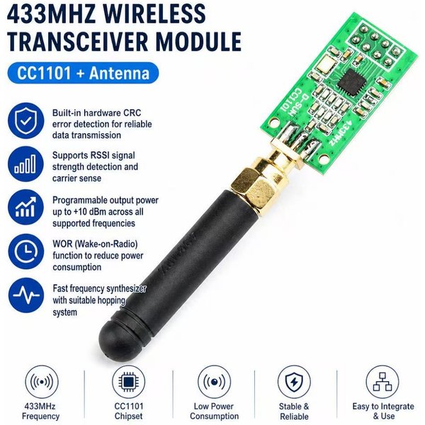 Émetteur-récepteur sans fil 433 MHz CC1101 avec antenne, module émetteur-récepteur RF, module de transmission longue portée 1,8-3,6 V