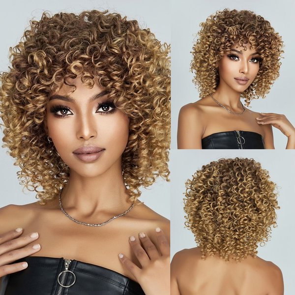 Brown Blonde Curly Hair Synthetic Wigs for Women Short Kinky Curly Hair Afro Wigs Glueless Cosplay Hair