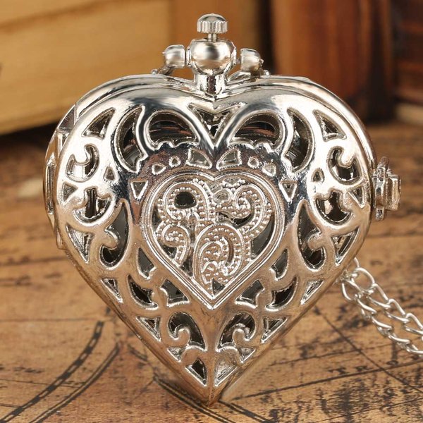 Stylish Romantic Heart-Shaped Diamond Quartz Women's Necklace Pocket Watch Souvenir Gift for Girls