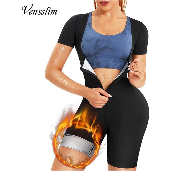 Sauna Suit for Women Sweat Vest Waist Trainer 3 In 1 Slimming Full Body Shaper Workout with Sleeve Shorts Zipper Slimming Tops
