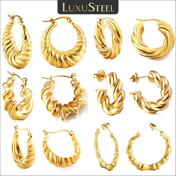 LUXUSTEEL New Fashion Women Geometric Hoop Earrings Gold Plated Stainless Steel Solid Metal Huggies Wedding Party Jewelry Gifts