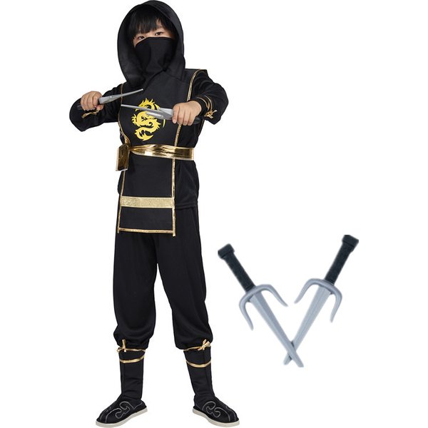 Deluxe-Ninja-Kostüm für Kinder, schwarzes Ninja-Kostüm für Jungen, Halloween-Ninja-Kostüm zum Anziehen mit Kunststoffzubehör