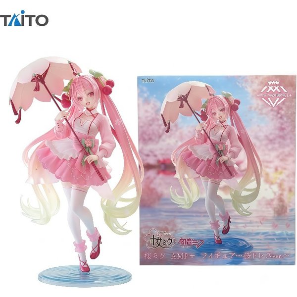 Na stanie 100% Oryginalny TAITO AMP+ Hatsune Miku Sakura Miku w wersji z sukienką Sakura. Figurka anime 21 cm, kolekcjonerska, dekoracja na biurko, prezent