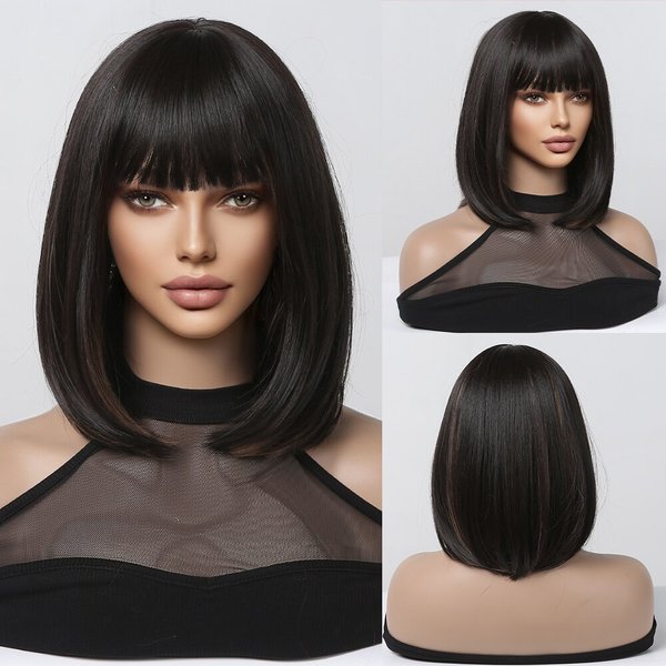Kurze gerade schwarze Bobo synthetische Perücken mit Pony natürliche Haaransatz Perücke für Frauen hitze beständige tägliche Verwendung Cosplay Haar