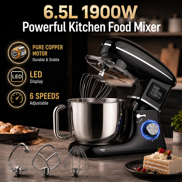 6.5L Stand Mixer, 1900W Powerful Kitchen Food Mixer with LED Digital Display, 6-Speed Electric Tilt-head Dough Mixer,Multifunctional Dough Kneader With Dough Hook Whisk Beater 304 Stainless Steel Bowl