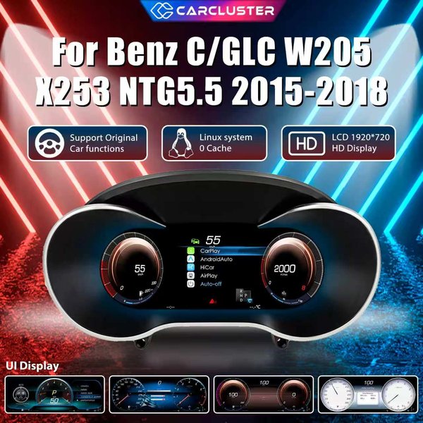 Carcluster 12,3'' LCD Digital-Kombiinstrument für Benz C GLC W205 X253 NTG5.0 Baujahre 2015-2018 Digitales Armaturenbrett mit HDMI, Carplay, Radio und Instrumententafel